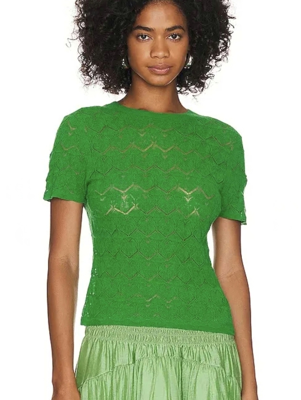 Vince Lace Sheer Sweater Size XXS Green Short Sleeve Cotton Crew Neck